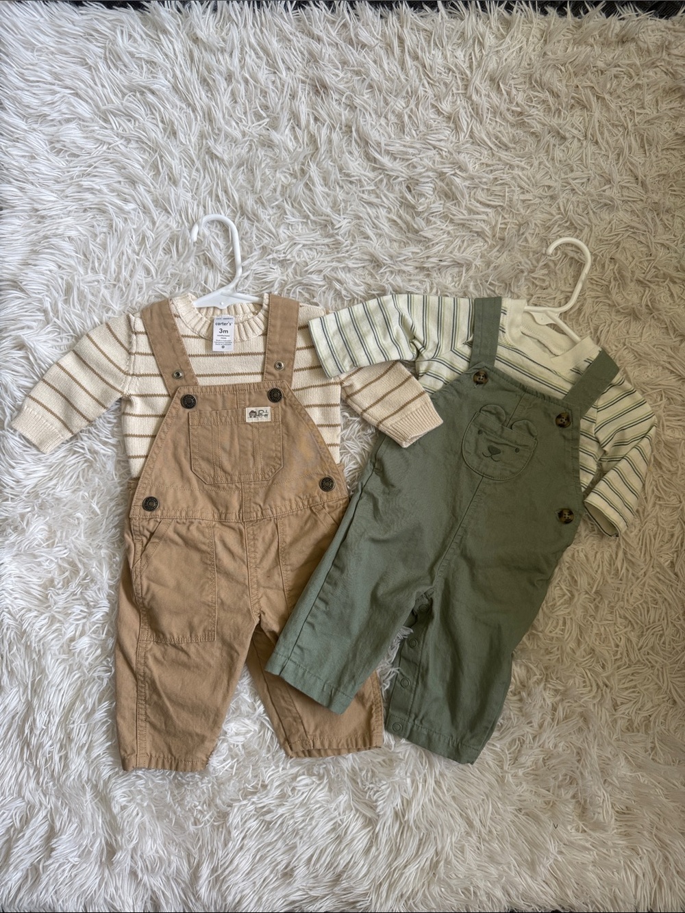 Carter's Olive Green & Tan Kids Overalls Duo with Striped Tops